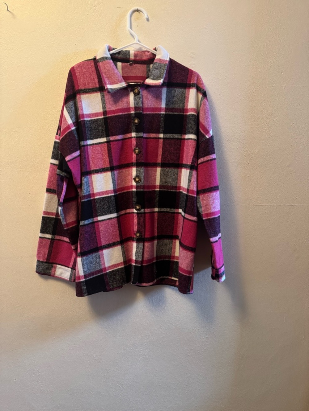 Oversized Plaid Flannel Shacket Hot Pink & Black Checkered Button-Down 2XL - Picture 2 of 11